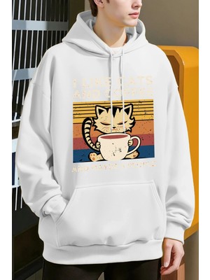 Sevimli Kedi Kahve Içiyor Desen Erkekler Y2K Hoody Hip Hop Polar Moda Hoodie Büyük Boy Sokak