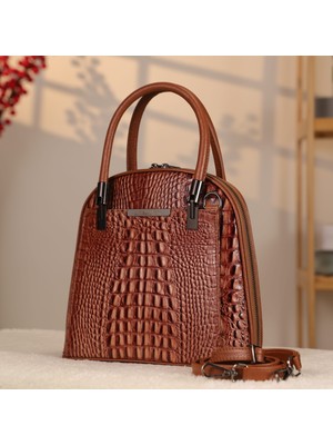 Açık Kahve Timsah Desen Deri Çanta - Hakiki Deri 40085 - Çok Bölmeli , Gerçek Deri