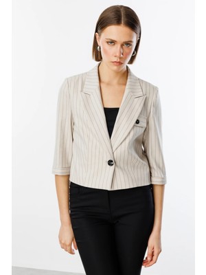 Ekol Kadın Çizgili Yarım Kol Bej Ceket 04048