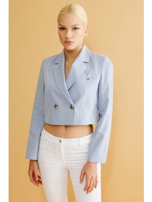Ekol Kadın Düğmeli Mavi Crop Ceket 04076