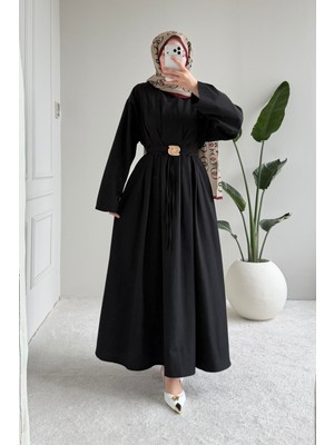 Tesettür Diyarı Bloom Tansel Kumaş Tokalı Ip Bağlamalı Tesettür Elbise- Siyah