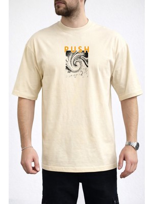 Caddekombin Erkek Vortex Desenli Push Yazı Baskılı Bisiklet Yaka Bej T-Shirt