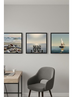 Safir Design Lüks Mavi ve Beyaz Yelkenli ve Tekne 3lü Tablo Seti| Modern Çerçeveli Tablo