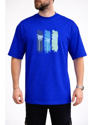 Caddekombin Erkek Üç Blok Palmiye Baskılı Bisiklet Yaka Saks Mavi T-Shirt