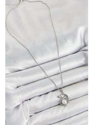 316L Çelik Inci Detaylı Hilal Tavşan Model Gümüş Renk Kadın Kolye - Lisinya