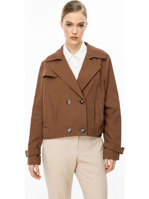 Ekol Kadın Çift Düğmeli Kakao Renk Mini Kot Ceket 06014