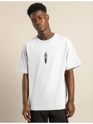 ModaSize Unisex Bisiklet Yaka Baskılı Oversize T-Shirt - Beyaz