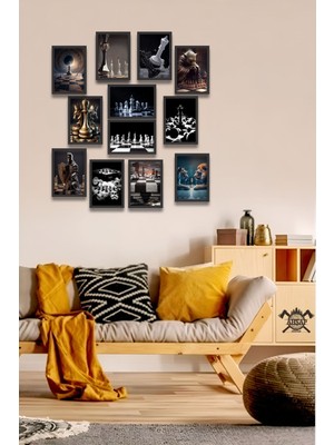 Pi Dekorasyon 12 Parça Satranç Çerçeve Görünümlü Mdf Tablo Duvar Süsü Hediyelik Eşya Akıl Oyunları