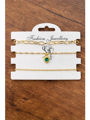 Ekonomik Sepeti 3'lü Set Gold Renkli Zümrüt Yeşili Renkli Çelik Bileklik