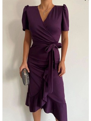 Kruvaze Yaka Midi Boy Kuşaklı Krep Elbise