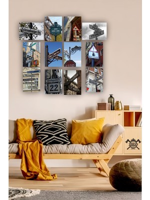 Pi Dekorasyon 12 Parça Sokak Tabelaları Resimleri Çerçeve Görünümlü Mdf Tablo Duvar Süsü Hediyelik