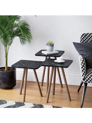 Hype Store Intergo-Üçlü Zigon Sehpa Ahşap Ayaklı Kare Mermer Desenli Tasarım (Siyah Mermer)