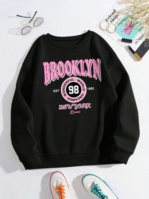 Brooklyn Dünya Hayalperest Kazak Kadın Mektup Baskılı Kapüşonlu Svetşört Polar Sıcak Crewneck