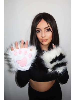 Stone Family Siyah Beyaz Patili Peluş Eldiven - Kedi Pençesi Tasarımlı Yumuşak Yarım Parmak Eldiven
