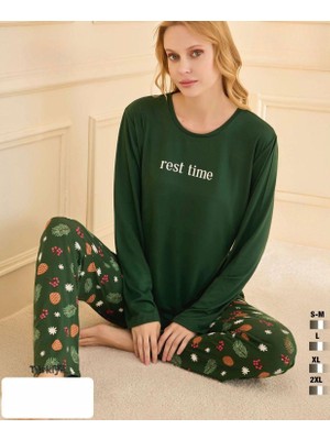 Bursa Pijama Kadın Uzun Kol Bisiklet Yaka Desenli Pijama Takımı
