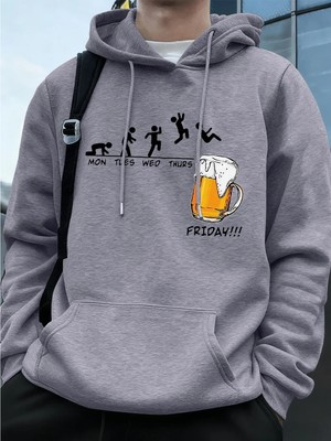 Cuma Bira Sevgilisi Komik Baskılı Erkek Kazak Kış Polar Sıcak Hoodies Kore Gevşek Cep Kazakla