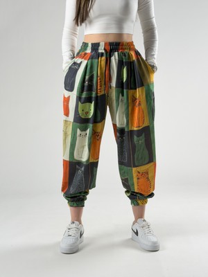 Cocopelli Kedi Desenli Kadın Pileli Jogger Pantolon COC2841