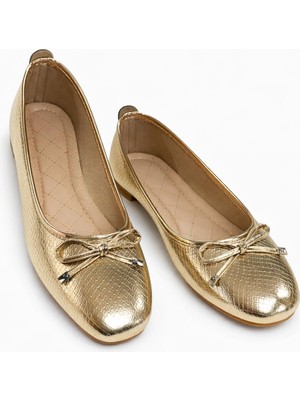 FootFrenzy Lucy Kadın Gold Altın Model Desenli Rahat Günlük Model Babet Ayakkabı