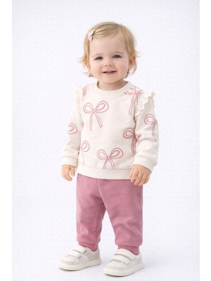 Dinamik çocuk Kız Bebek Fiyonk Desenli Kol Detaylı Sweatshirt + Eşofman Altı 2'li Takım 3-6-9-12AYLIK