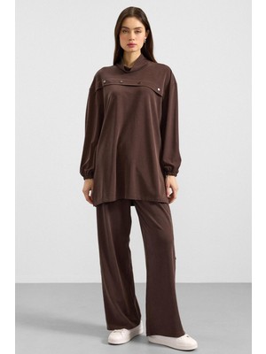 Olcay Metal Aksesuarlı Premium Kumaş Sweat Pantolon Takım Kahve 9404-TK