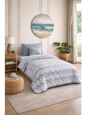 Lila Moon Mint Renkli Tek Kişilik Desenli Kapitone Pike Yatak Örtüsü Takımı (Pike+Yastık Kılıfı)