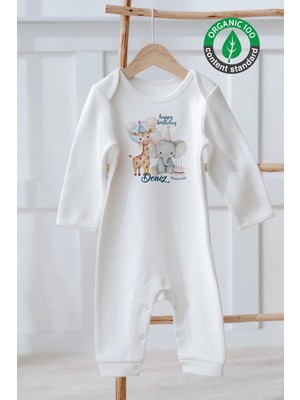 Lilabio %100 Pamuk Isme Özel Isimli Doğum Günü Bebek Tulum Sevimli Zürafa ve Fil