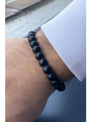 Stone Family Siyah Mat Boncuklu Erkek Bileklik - Doğal Taş Görünümlü Elastik Tasarım