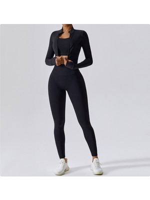 Yuna Sport Kadın 3’lü Parmak Geçmeli Spor Ceket, Spor Bra ve Arkası Büzgülü Spor Tayt Spor Takımı