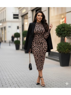 Kadın Uzun Kollu Balıkçı Yaka Leopar Desenli Midi Boy Elbise