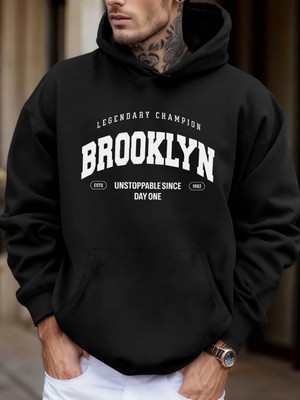 Brooklyn Unstoppable Since Day One Baskılı Sokak Modası Kapüşonlu Üst Erkek Günlük Polar Tişö