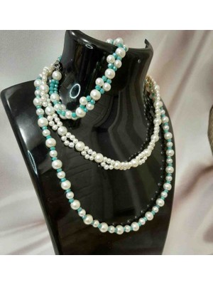 Shine Elagance Krem Rengi Inci Aralar Turkuaz Parlak Cam Boncuk Kapamaları Gümüş Rengi Çelik Kolye Bileklik 3'lü Kadın Set