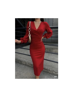 Kadın Kruvaze Yaka Balon Kol Simli Krep Kumaş Midi Boy Elbise