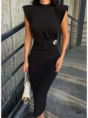 Kadın Bisiklet Yaka Vatkalı Broş Detay Kısa Kol Midi Boy Elbise