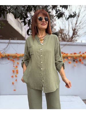 Denizege Butik Müslin Hakim Yaka Gömlek Haki