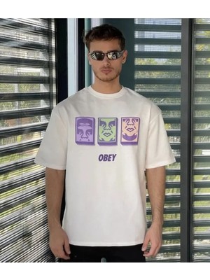 ModaSize Unisex Bisiklet Yaka Baskılı Oversize T-Shirt - Beyaz