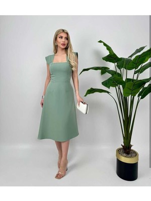 Moda Durağı Sıralı Incili Midi Elbise Haki