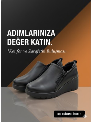 Tamdabu Ayakkabı Hakiki Deri Siyah Dolgu Topuk Garnili Ortopedik Kadın Ayakkabı  TMD202528