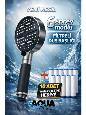 Aqua Sara 6 Fonksiyonlu Filtreli Duş Başlığı (10ADET Yedek Filtre)| Su Arıtmalı, Klor ve Kireç Önleyici, Yüksek Basınçlı