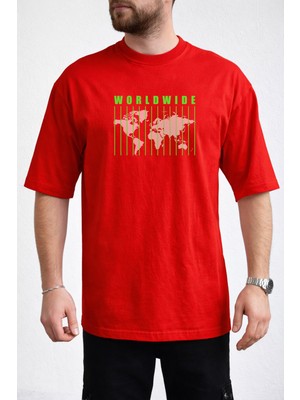 Caddekombin Erkek Yeşil Çizgili Dünya Haritası Baskılı Bisiklet Yaka Kırmızı T-Shirt