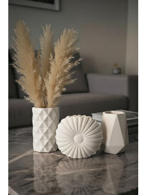 Safir Design Iskandinav Tarzı El Yapımı Beyaz 3lü Vazo Seti - Pampas Hediyeli