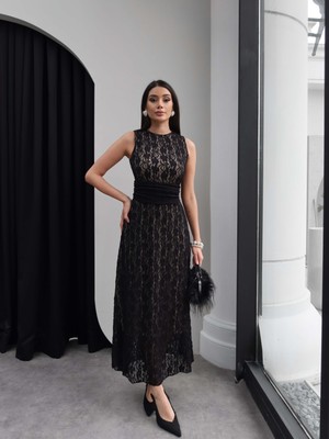 Esra Helvacı Sıfır Kol Bel Drape Güpür Elbise