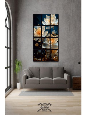 Pi Dekorasyon 12 Parça Beyaz Çiçekler Çerçeve Görünümlü Mdf Tablo Duvar Süsü Hediyelik Eşya (45CM x 85CM)