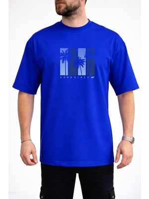 Caddekombin Erkek Good Vibes Yazılı Palmiye Ağacı Baskılı Bisiklet Yaka Saks Mavi T-Shirt