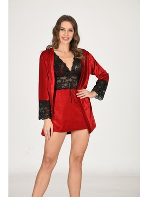 İlkyaz Fashion Ieg™ Kırmızı Kadife Sabahlık & Gecelik Takım 2' Li - 1442