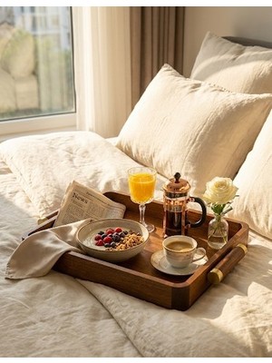 Hbs Art Design Akasya Masif Ahşap Gold Detaylı Sunum Tepsisi - 35X23 cm Dekoratif Kahve ve Kahvaltı Tepsisi