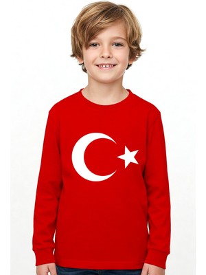 Lovexi Türk Bayrağı Ay Yıldız Baskılı Kırmızı Uzunkol Tişört (23 Nisan  19 Mayıs)