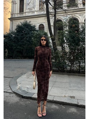 Cemo Flok Çiçek Desenli Dik Yaka Sandy Maxi Elbise