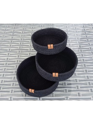 Hype Store Ev Banyo Hasır Sepet 3 Adet Yuvarlak Siyah Jüt Kordon Pamuk Polyester Ip Örme Sepet Dekoratif Düzenl