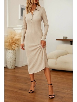 Marsilyan- Kadın Uzun Kollu Yakalı Düğmeli Şardonlu Kaşkorse Elbise