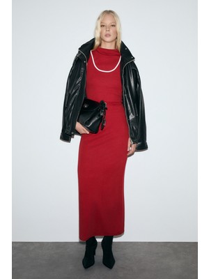 Grimelange Deports Kadın Yumuşak Esnek Kumaşlı Kontrast Biyeli Çift Yakalı Kırmızı Elbise
